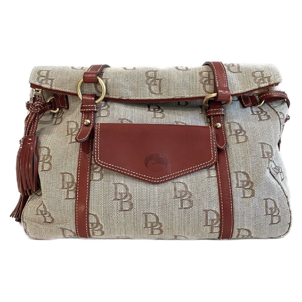 LIKE NEW - Dooney & Bourke Large Tan Canvas and Burgundy Leather Tote Bag